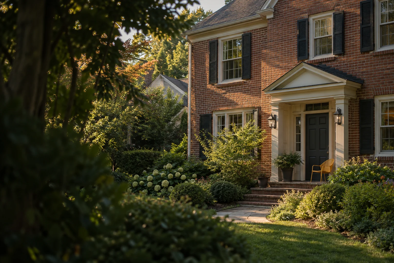 Warm brick home and leafy garden in afternoon light