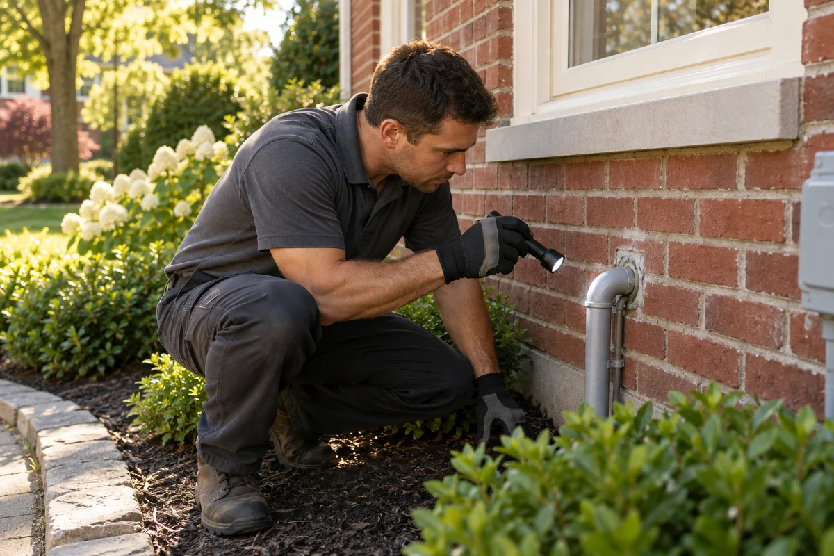 Illustrative pest specialist inspecting a utility entry beside a brick home